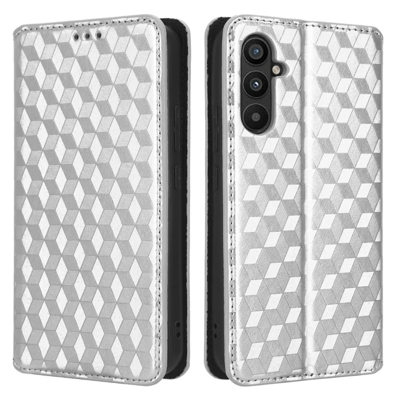 For Samsung Galaxy A24 4G (162.1 x 77.6 x 8.3mm) Cell Phone Case Imprinted Rhombus Pattern Wallet Stand Leather Phone Cover - Silver