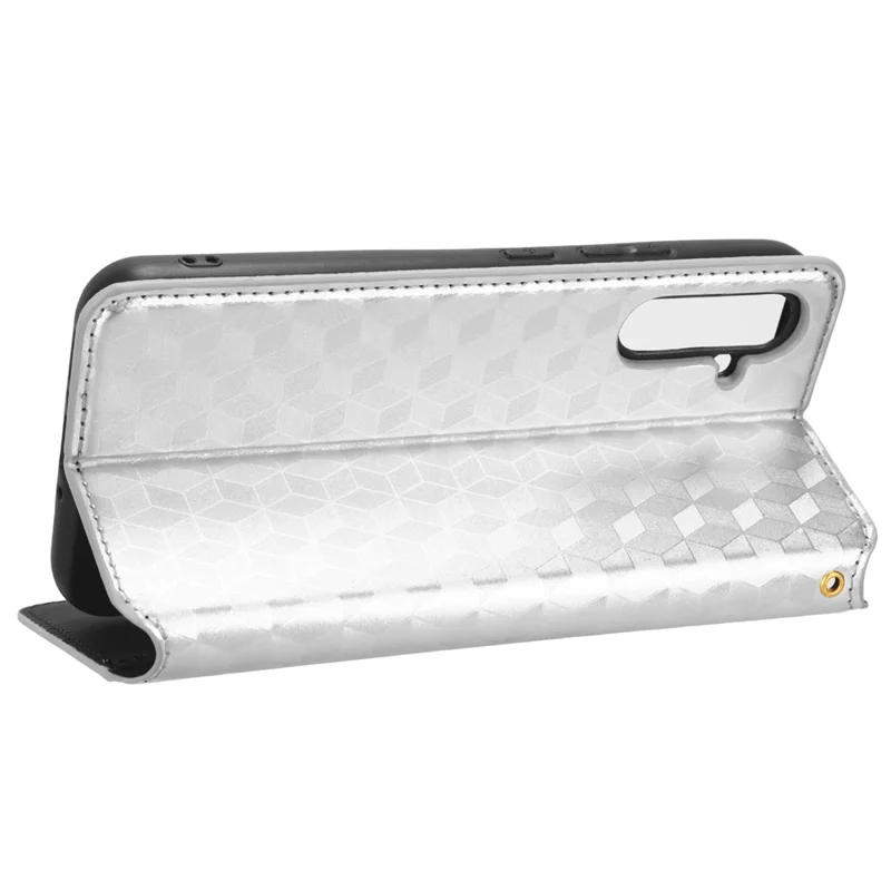 For Samsung Galaxy A24 4G (162.1 x 77.6 x 8.3mm) Cell Phone Case Imprinted Rhombus Pattern Wallet Stand Leather Phone Cover - Silver