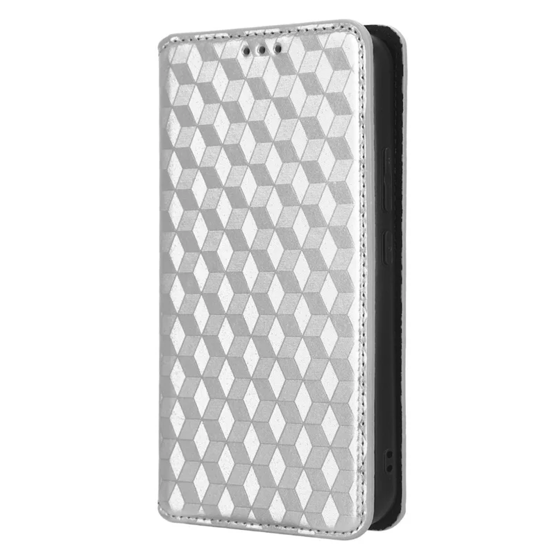For Samsung Galaxy A24 4G (162.1 x 77.6 x 8.3mm) Cell Phone Case Imprinted Rhombus Pattern Wallet Stand Leather Phone Cover - Silver