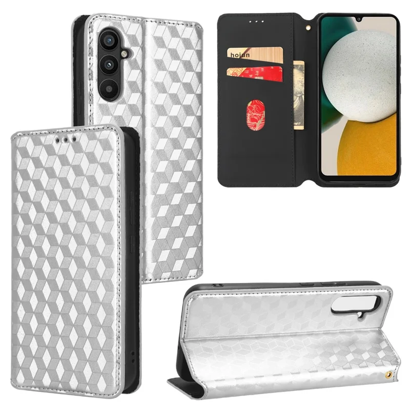 For Samsung Galaxy A24 4G (162.1 x 77.6 x 8.3mm) Cell Phone Case Imprinted Rhombus Pattern Wallet Stand Leather Phone Cover - Silver