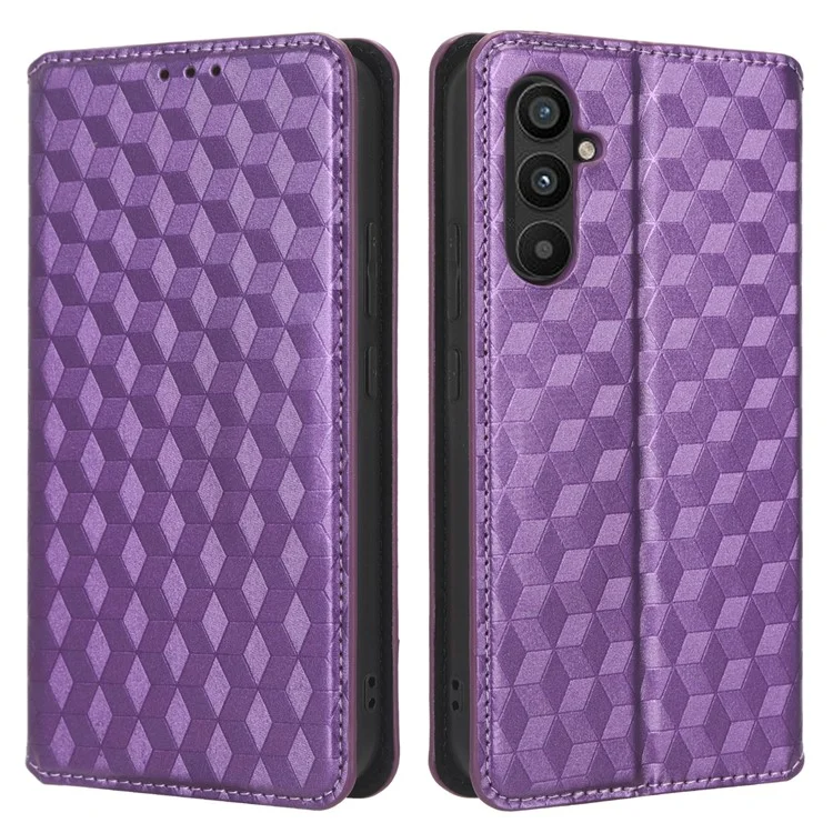 For Samsung Galaxy A24 4G (162.1 x 77.6 x 8.3mm) Cell Phone Case Imprinted Rhombus Pattern Wallet Stand Leather Phone Cover - Purple