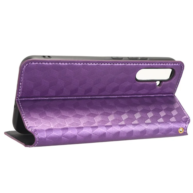For Samsung Galaxy A24 4G (162.1 x 77.6 x 8.3mm) Cell Phone Case Imprinted Rhombus Pattern Wallet Stand Leather Phone Cover - Purple
