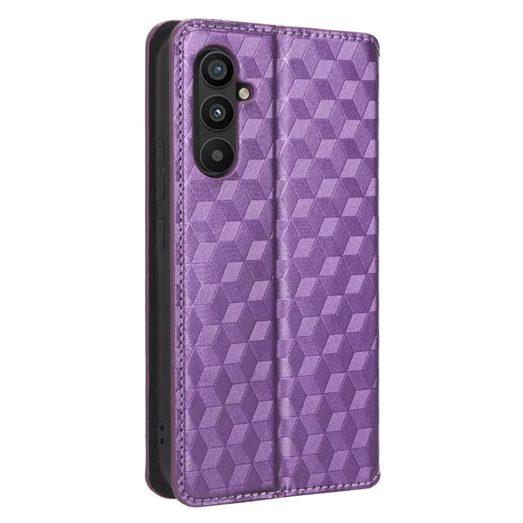For Samsung Galaxy A24 4G (162.1 x 77.6 x 8.3mm) Cell Phone Case Imprinted Rhombus Pattern Wallet Stand Leather Phone Cover - Purple
