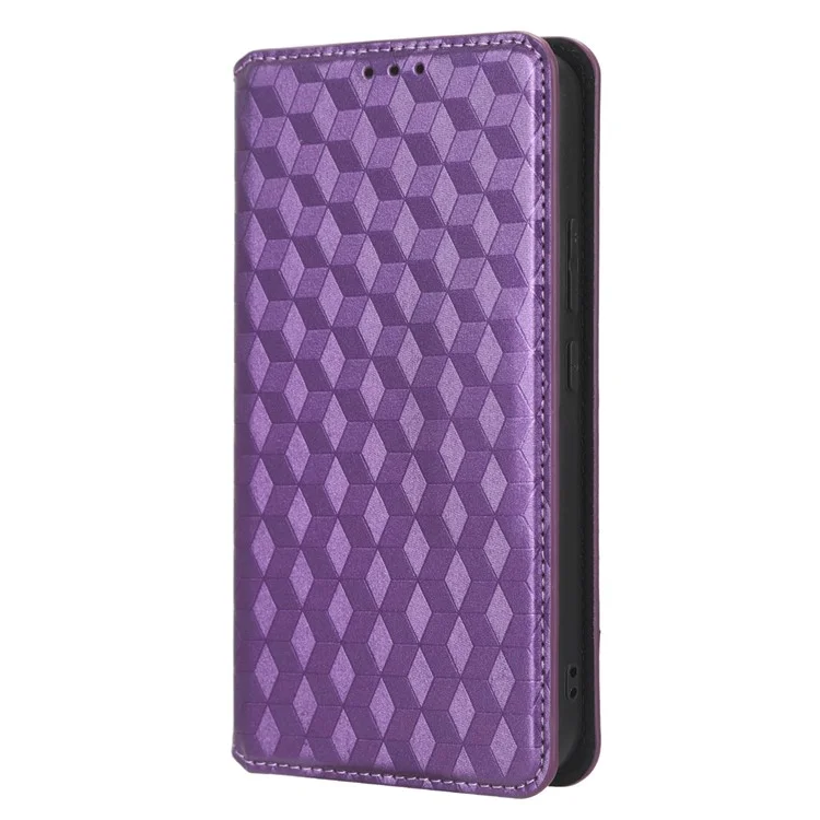 For Samsung Galaxy A24 4G (162.1 x 77.6 x 8.3mm) Cell Phone Case Imprinted Rhombus Pattern Wallet Stand Leather Phone Cover - Purple