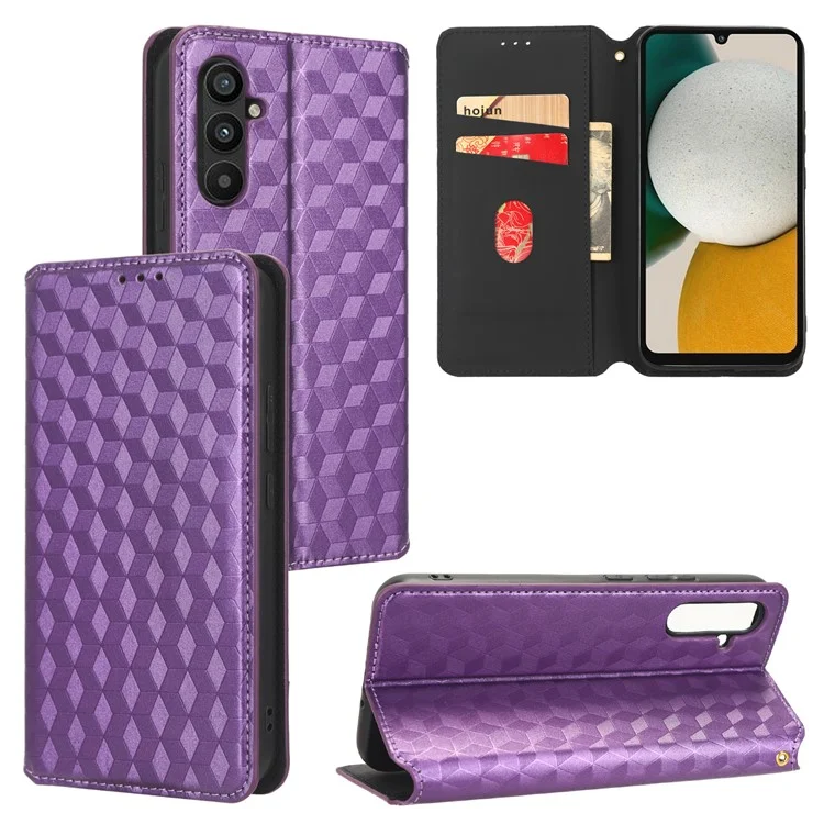For Samsung Galaxy A24 4G (162.1 x 77.6 x 8.3mm) Cell Phone Case Imprinted Rhombus Pattern Wallet Stand Leather Phone Cover - Purple