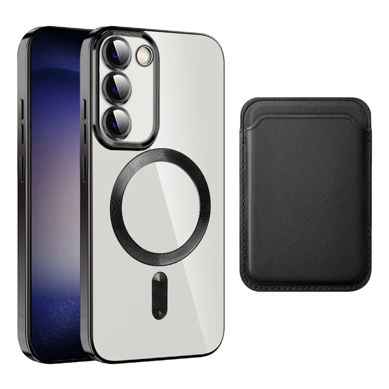 For Samsung Galaxy S23+ Magnetic Phone Case TPU + PC Clear Phone Cover with Card Holder - Black