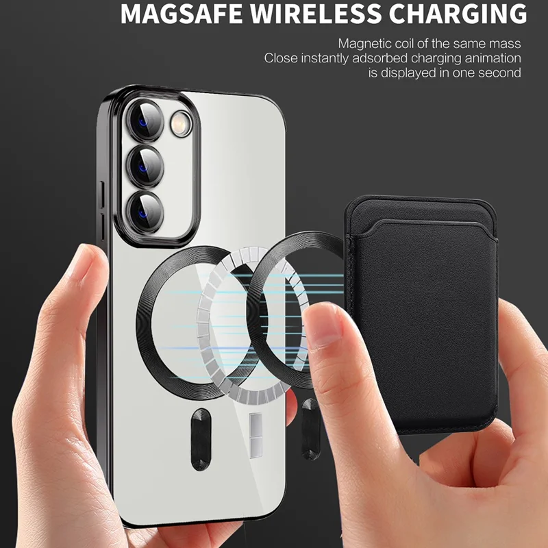 For Samsung Galaxy S23+ Magnetic Phone Case TPU + PC Clear Phone Cover with Card Holder - Black