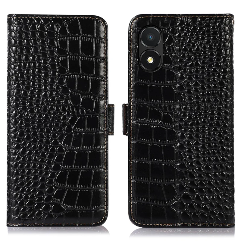 غطاء هاتف مقاوم للـ RFID لهونور X5 4G، غطاء جلد بقري أصلي مع حامل ومحفظة - أسود