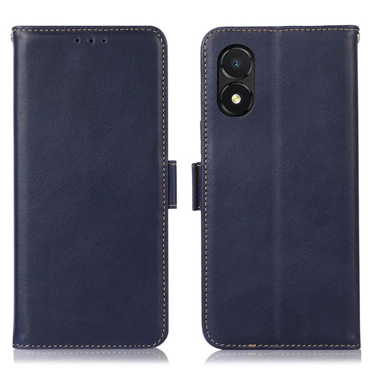 For Honor X5 4G Genuine Cowhide Leather Phone Case RFID Blocking Stand Wallet Protective Cover - Blue