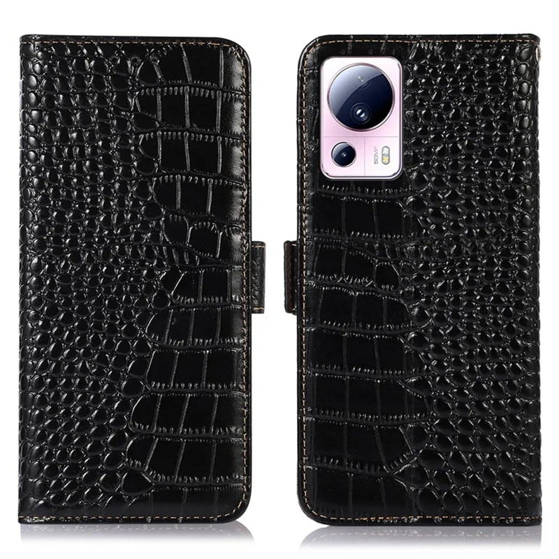Phone Wallet Case for Xiaomi 13 Lite / Civi 2 5G RFID Blocking Stand Genuine Cowhide Leather Phone Cover - Black