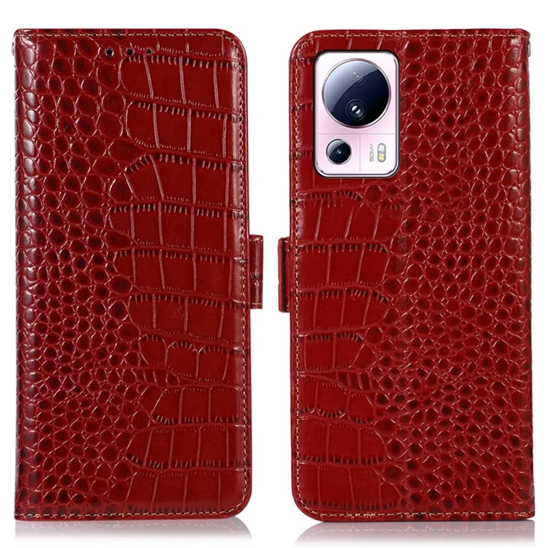 Phone Wallet Case for Xiaomi 13 Lite / Civi 2 5G RFID Blocking Stand Genuine Cowhide Leather Phone Cover - Red