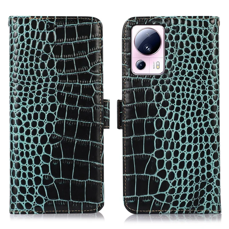 Phone Wallet Case for Xiaomi 13 Lite / Civi 2 5G RFID Blocking Stand Genuine Cowhide Leather Phone Cover - Green