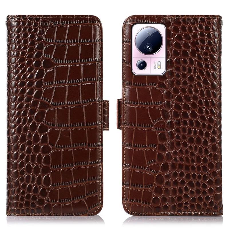 Phone Wallet Case for Xiaomi 13 Lite / Civi 2 5G RFID Blocking Stand Genuine Cowhide Leather Phone Cover - Brown