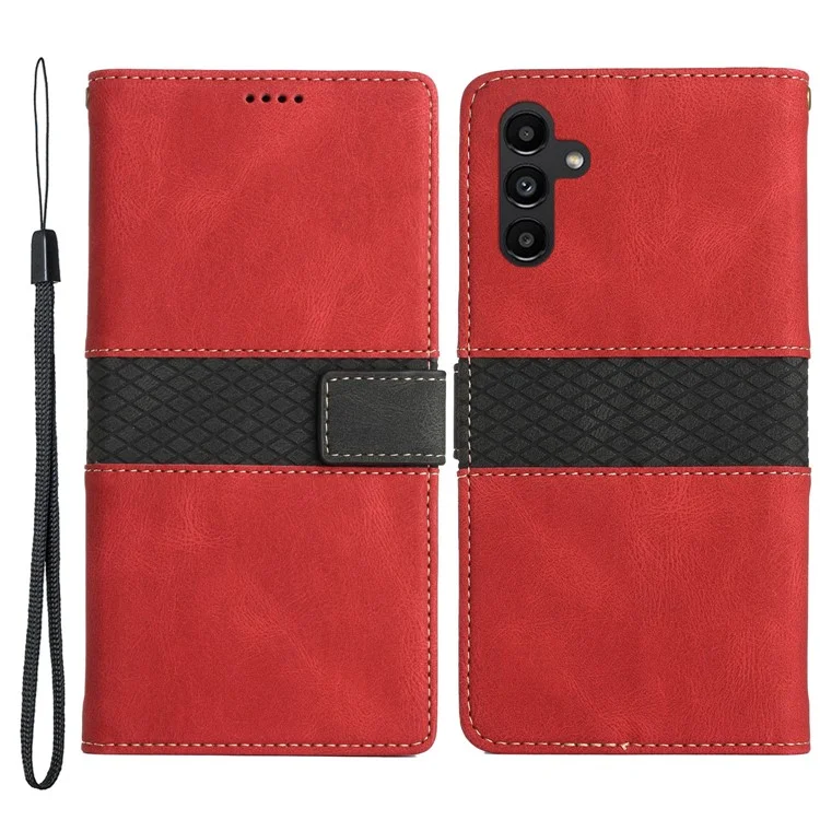 For Samsung Galaxy A34 5G Magnetic Flip Phone Shell Grid Splicing PU Leather Stand Wallet Phone Case - Red