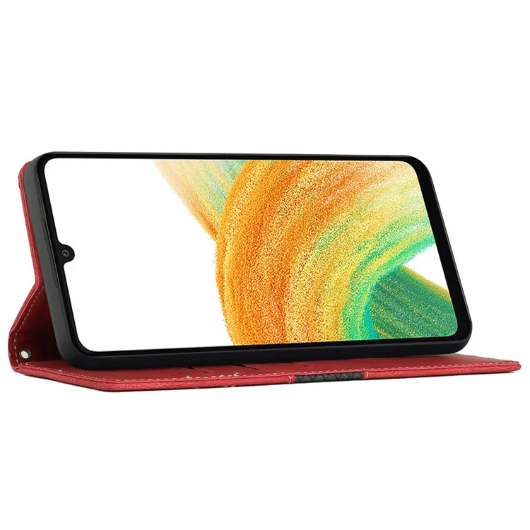 For Samsung Galaxy A34 5G Magnetic Flip Phone Shell Grid Splicing PU Leather Stand Wallet Phone Case - Red