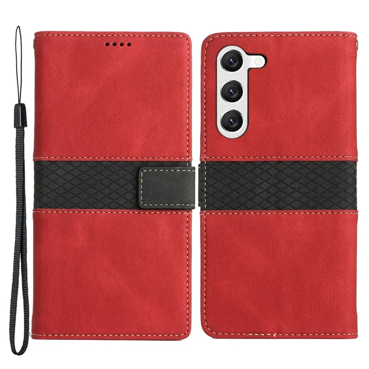 Pour Samsung Galaxy S23 Grid Splicing PU Leather Folio Stand Cover Magnetic Flip Wallet Phone Case with Strap - Red