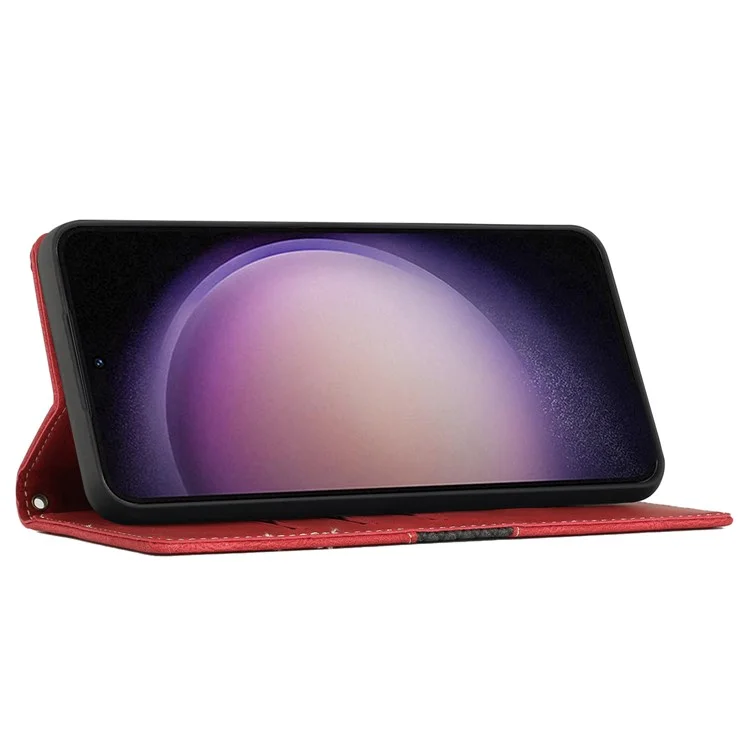Pour Samsung Galaxy S23 Grid Splicing PU Leather Folio Stand Cover Magnetic Flip Wallet Phone Case with Strap - Red
