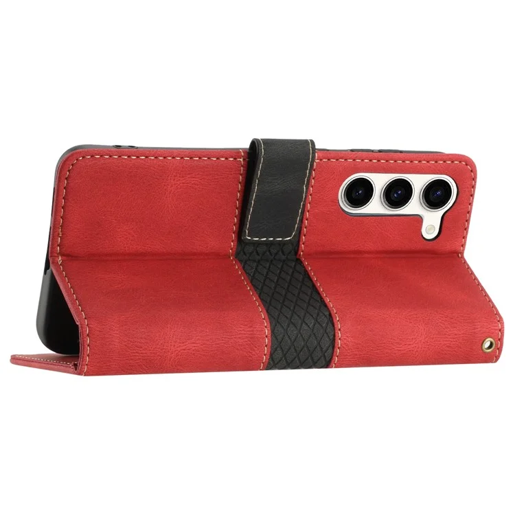 Pour Samsung Galaxy S23 Grid Splicing PU Leather Folio Stand Cover Magnetic Flip Wallet Phone Case with Strap - Red