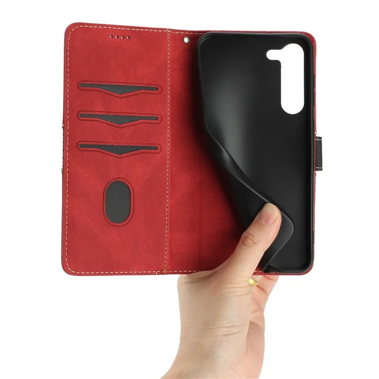 Pour Samsung Galaxy S23 Grid Splicing PU Leather Folio Stand Cover Magnetic Flip Wallet Phone Case with Strap - Red