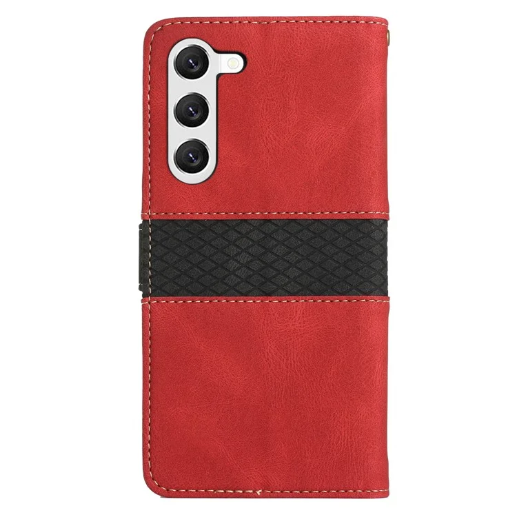 Pour Samsung Galaxy S23 Grid Splicing PU Leather Folio Stand Cover Magnetic Flip Wallet Phone Case with Strap - Red