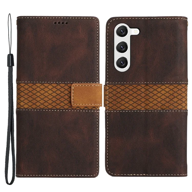 Para Samsung Galaxy S23+ Leather Stand Case Magnetic Clasp Shockproof Wallet Grid Splicing Phone Cover - Marrom