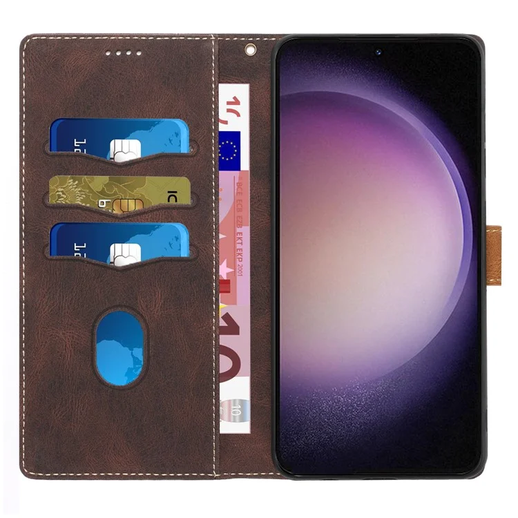 Para Samsung Galaxy S23+ Leather Stand Case Magnetic Clasp Shockproof Wallet Grid Splicing Phone Cover - Marrom