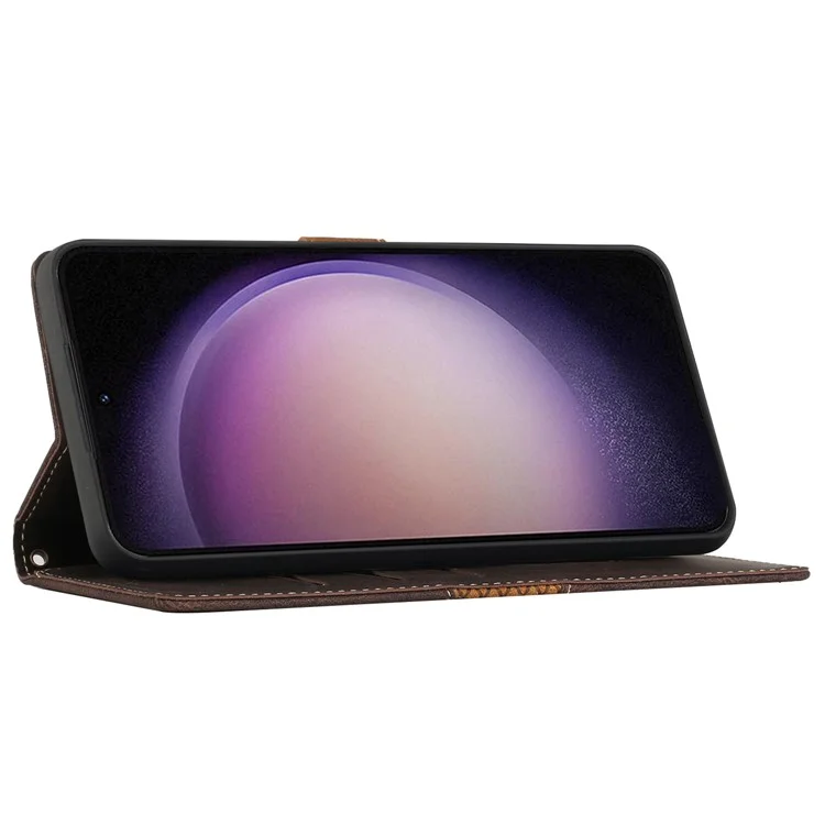 Para Samsung Galaxy S23+ Leather Stand Case Magnetic Clasp Shockproof Wallet Grid Splicing Phone Cover - Marrom