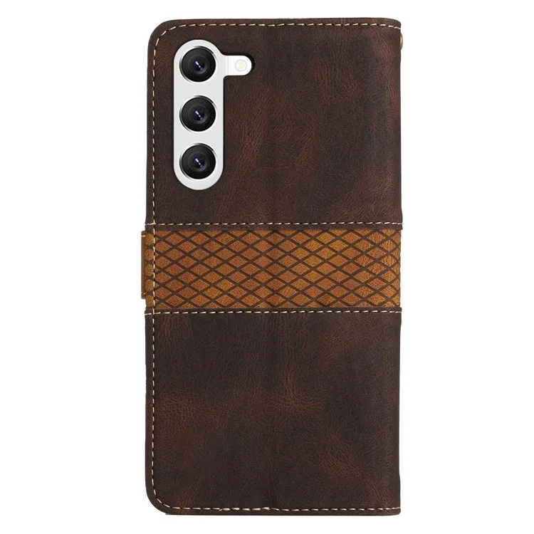 Para Samsung Galaxy S23+ Leather Stand Case Magnetic Clasp Shockproof Wallet Grid Splicing Phone Cover - Marrom