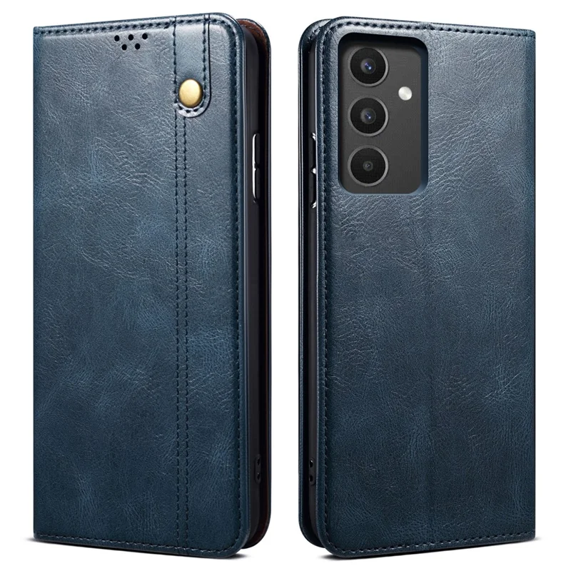 For Samsung Galaxy A34 5G Phone Cover Waxy Crazy Horse Texture Stand Wallet Cell Phone Case - Blue