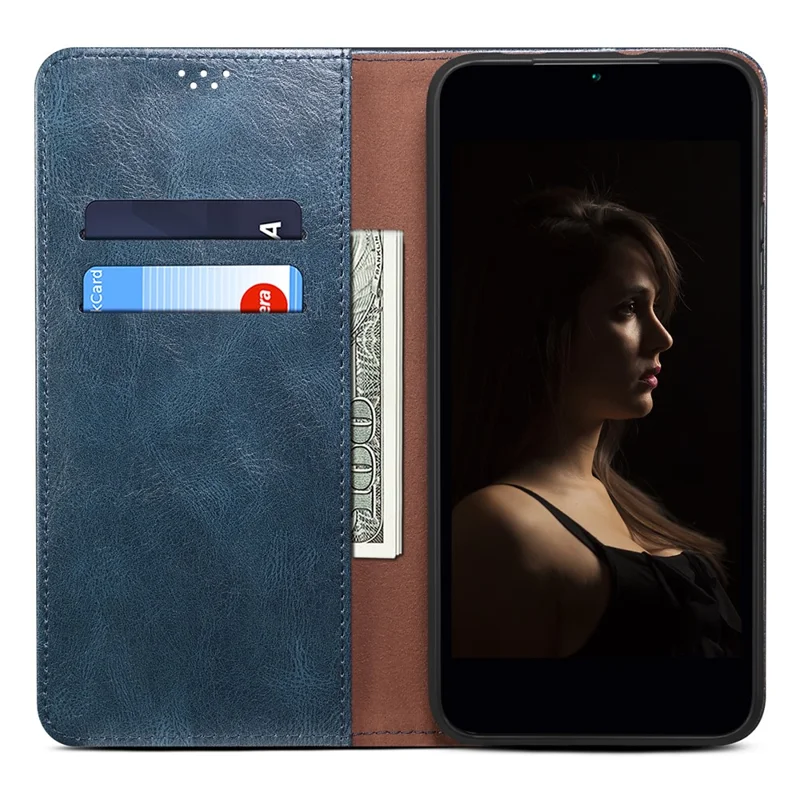 For Samsung Galaxy A34 5G Phone Cover Waxy Crazy Horse Texture Stand Wallet Cell Phone Case - Blue