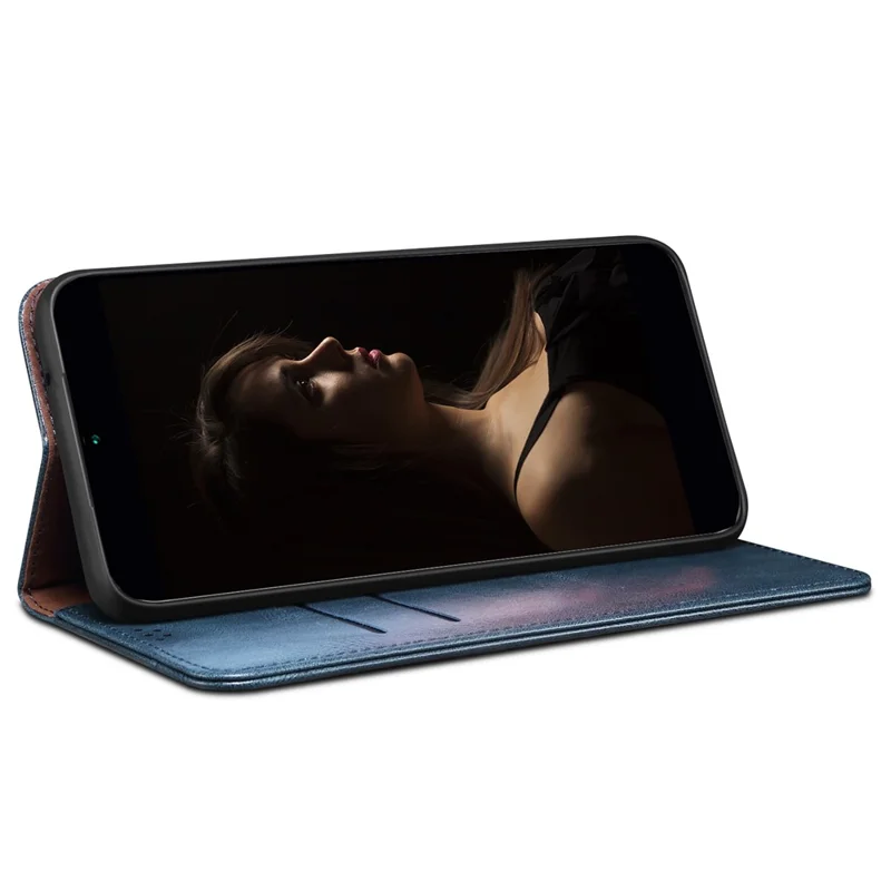 For Samsung Galaxy A34 5G Phone Cover Waxy Crazy Horse Texture Stand Wallet Cell Phone Case - Blue