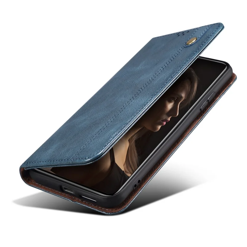 For Samsung Galaxy A34 5G Phone Cover Waxy Crazy Horse Texture Stand Wallet Cell Phone Case - Blue