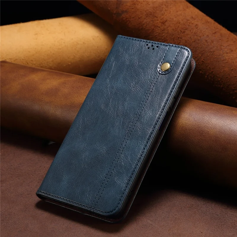 For Samsung Galaxy A34 5G Phone Cover Waxy Crazy Horse Texture Stand Wallet Cell Phone Case - Blue