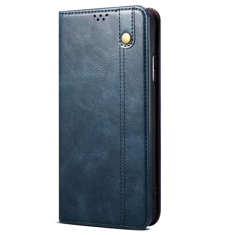 For Samsung Galaxy A34 5G Phone Cover Waxy Crazy Horse Texture Stand Wallet Cell Phone Case - Blue