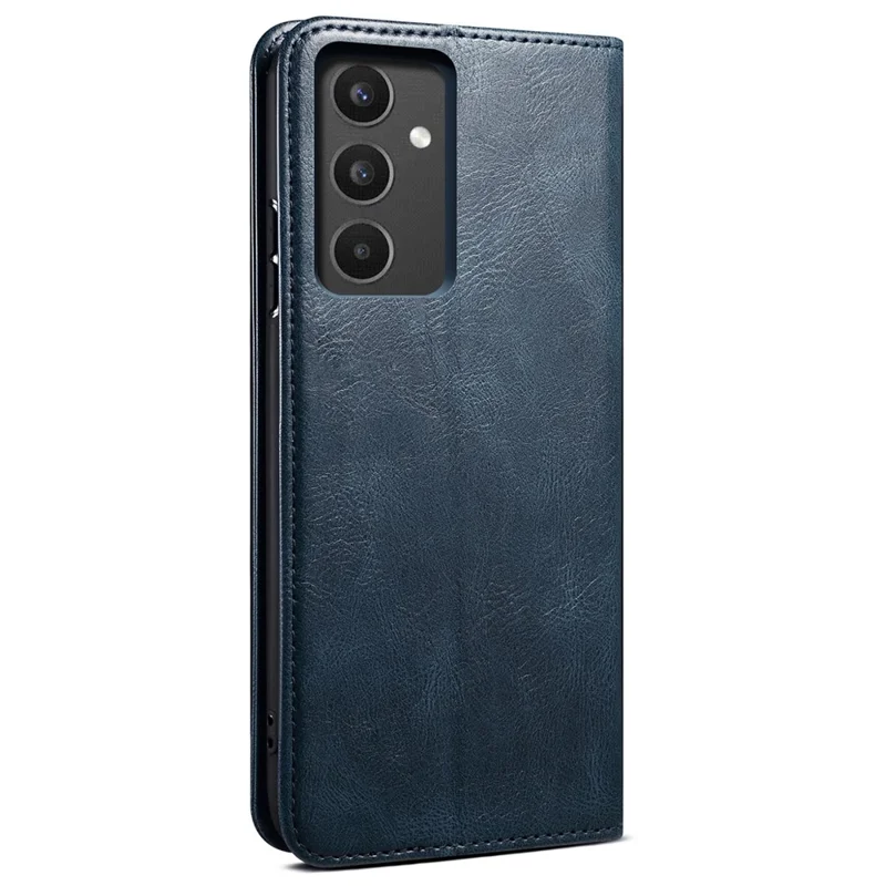 For Samsung Galaxy A34 5G Phone Cover Waxy Crazy Horse Texture Stand Wallet Cell Phone Case - Blue