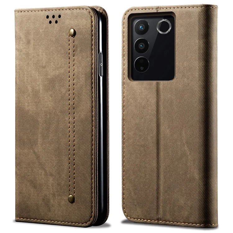 Jeans Cloth Texture Phone Case per vivo S16e 5G, Custodia Portafoglio in Pelle PU con Supporto - Cachi