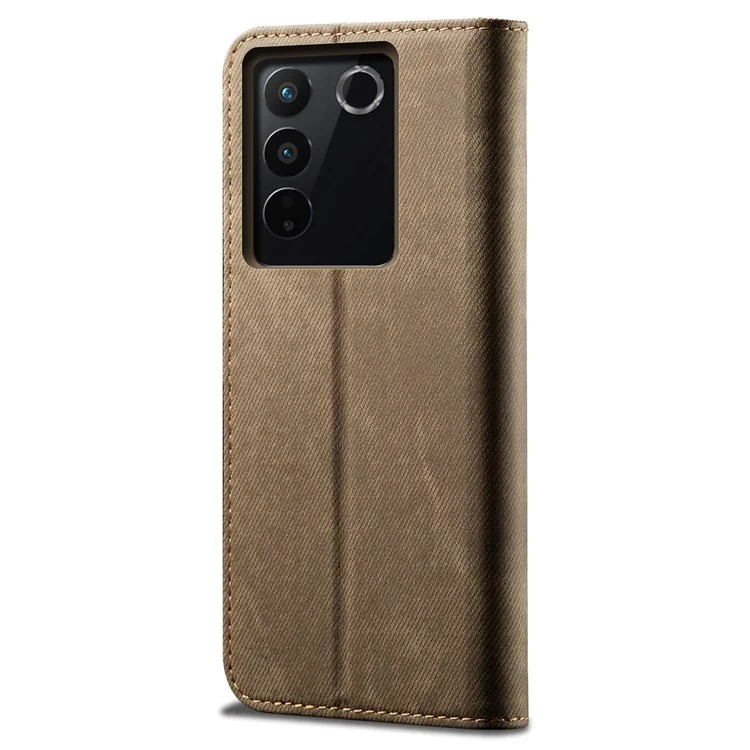 Jeans Cloth Texture Phone Case per vivo S16e 5G, Custodia Portafoglio in Pelle PU con Supporto - Cachi