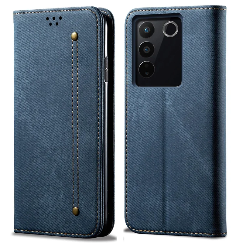 Jeans Cloth Texture Phone Case for vivo S16e 5G , PU Leather Wallet Stand Phone Cover - Blue
