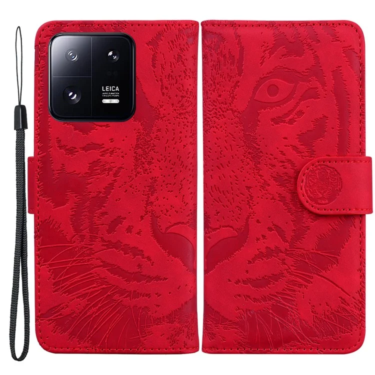 For Xiaomi 13 Pro 5G Cell Phone Case Tiger Imprinted PU Leather Wallet Stand Protective Cover - Red