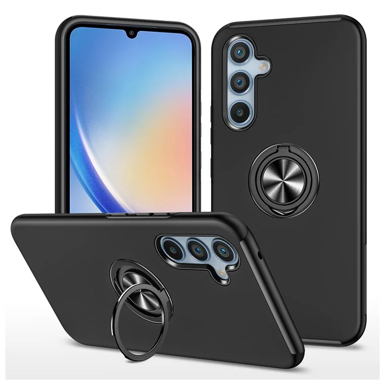 Para Samsung Galaxy A34 5G Rotary Ring Kickstand Phone Case PC+TPU Anti-drop Back Cover - Negro
