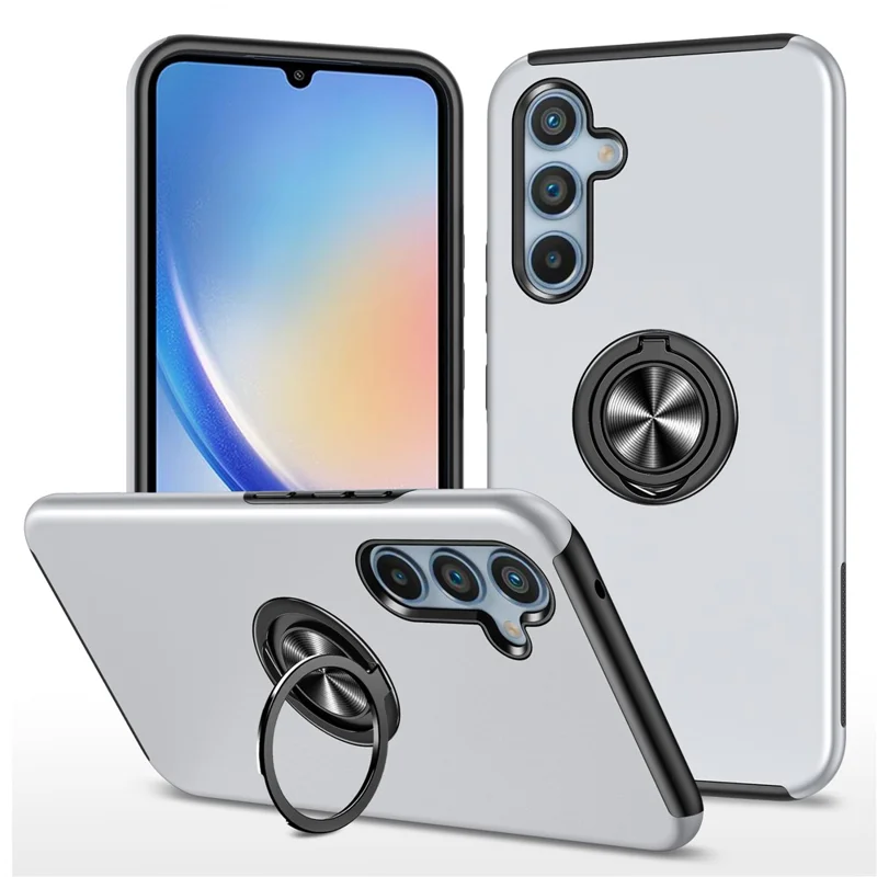 For Samsung Galaxy A34 5G Rotary Ring Kickstand Phone Case PC+TPU Anti-drop Back Cover - Silver