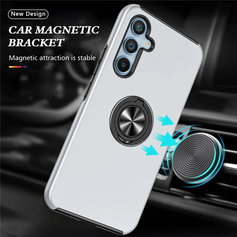 For Samsung Galaxy A34 5G Rotary Ring Kickstand Phone Case PC+TPU Anti-drop Back Cover - Silver