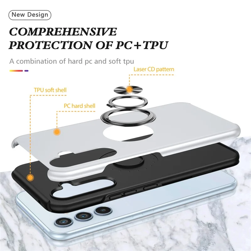 For Samsung Galaxy A34 5G Rotary Ring Kickstand Phone Case PC+TPU Anti-drop Back Cover - Silver