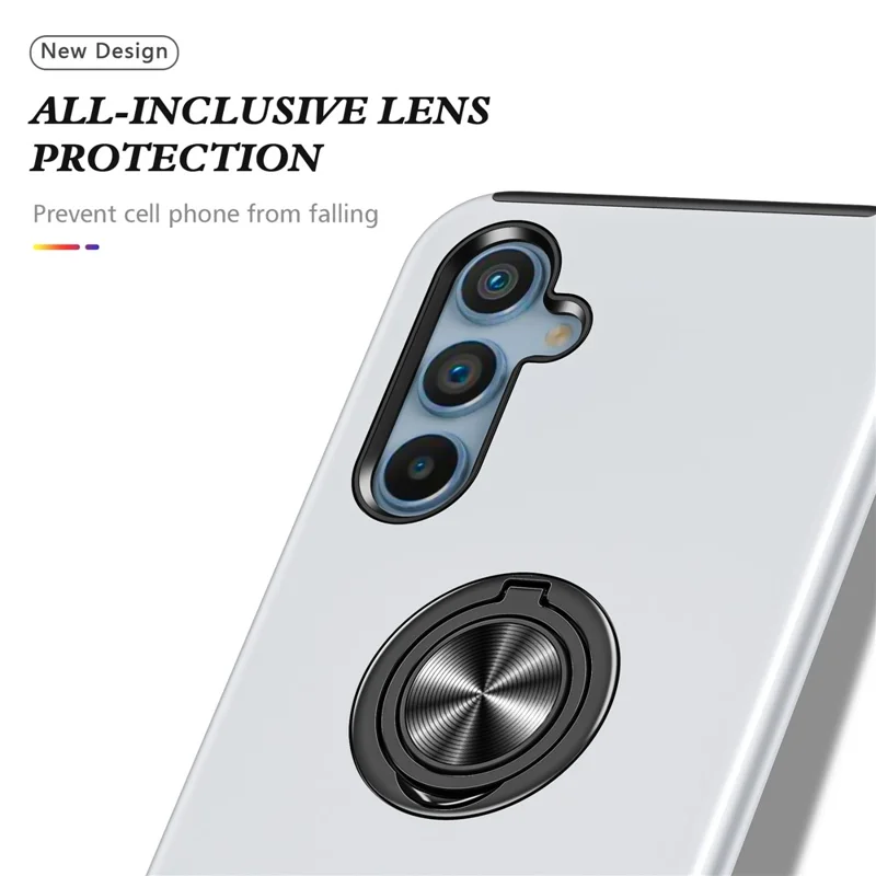 For Samsung Galaxy A34 5G Rotary Ring Kickstand Phone Case PC+TPU Anti-drop Back Cover - Silver