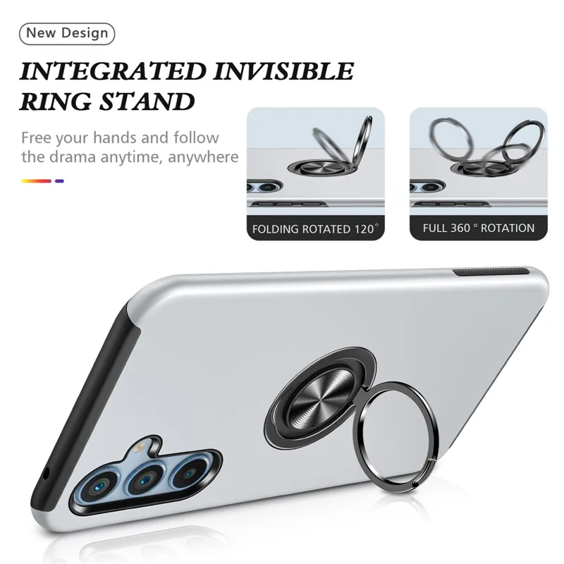 For Samsung Galaxy A34 5G Rotary Ring Kickstand Phone Case PC+TPU Anti-drop Back Cover - Silver