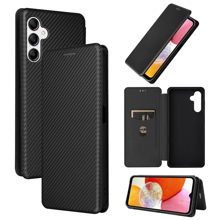 For Samsung Galaxy A14 5G / A14 4G Leather Phone Case Stand Card Holder Carbon Fiber Texture Protective Phone Cover - Black