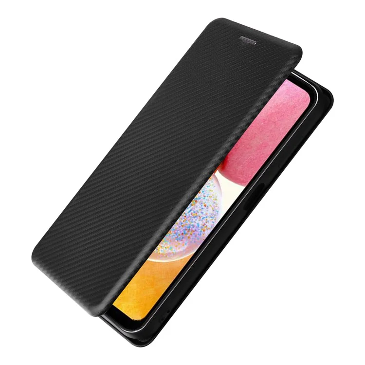 For Samsung Galaxy A14 5G / A14 4G Leather Phone Case Stand Card Holder Carbon Fiber Texture Protective Phone Cover - Black