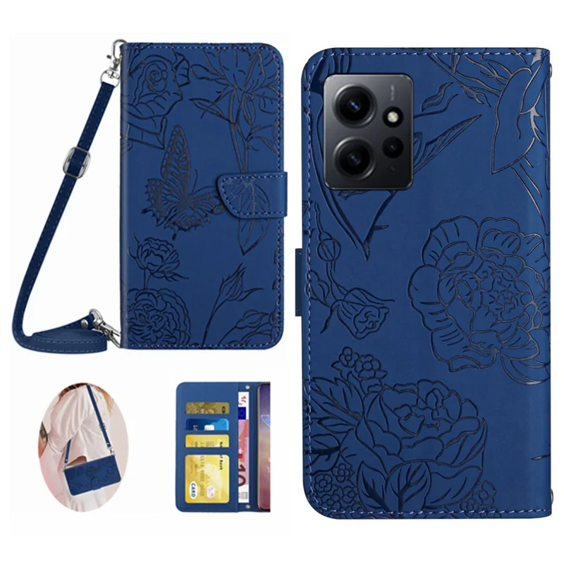 HT03 voor Xiaomi Redmi Note 12 4G Skin-touch Butterfly Flowers Ingedrukt Wallet Stand Case Leren Cover met Schouderriem - Blauw