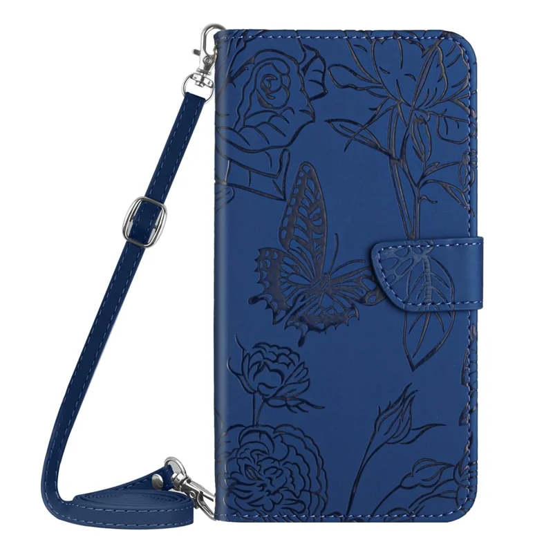 HT03 voor Xiaomi Redmi Note 12 4G Skin-touch Butterfly Flowers Ingedrukt Wallet Stand Case Leren Cover met Schouderriem - Blauw