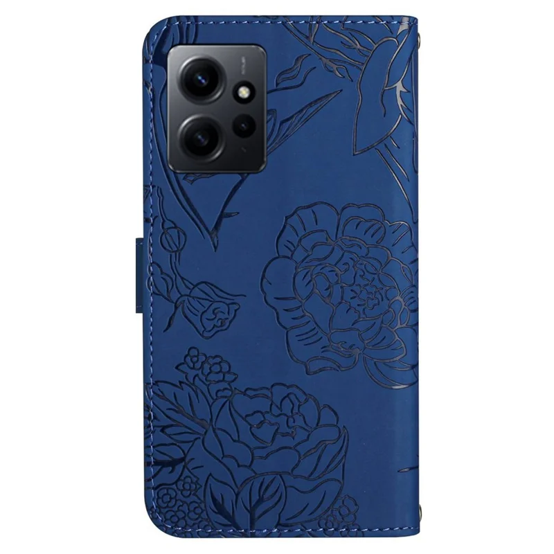 HT03 voor Xiaomi Redmi Note 12 4G Skin-touch Butterfly Flowers Ingedrukt Wallet Stand Case Leren Cover met Schouderriem - Blauw